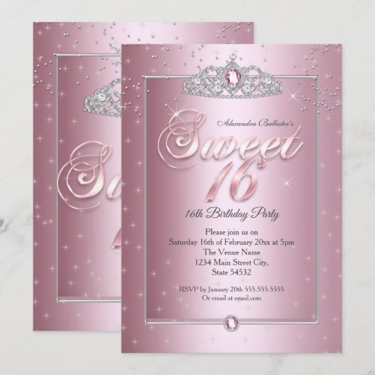 Sweet 16 Birthday Party Pink Diamond Silver Tiara Kaart (Voorkant / Achterkant)