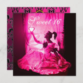 SWEET 16 BIRTHDAY PARTY, PINK FUCHSIA BLACK DAMASK KAART (Voorkant / Achterkant)