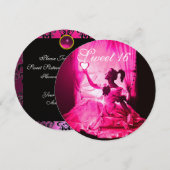 SWEET 16 BIRTHDAY PARTY, PINK FUCHSIA BLACK DAMASK KAART (Voorkant / Achterkant)