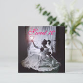 SWEET 16 BIRTHDAY PARTY, PINK FUCHSIA BLACK DAMASK KAART (Staand voorkant)