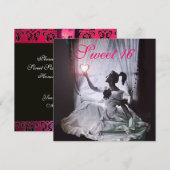 SWEET 16 BIRTHDAY PARTY, PINK FUCHSIA BLACK DAMASK KAART (Voorkant / Achterkant)