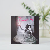 SWEET 16 BIRTHDAY PARTY, PINK FUCHSIA BLACK DAMASK KAART (Staand voorkant)