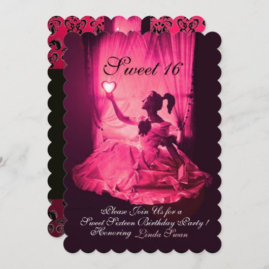 SWEET 16 BIRTHDAY PARTY, PINK FUCHSIA BLACK DAMASK KAART (Voorkant / Achterkant)
