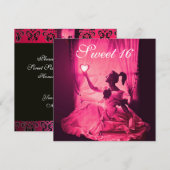 SWEET 16 BIRTHDAY PARTY, PINK FUCHSIA BLACK DAMASK KAART (Voorkant / Achterkant)