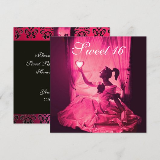 SWEET 16 BIRTHDAY PARTY, PINK FUCHSIA BLACK DAMASK KAART (Voorkant / Achterkant)