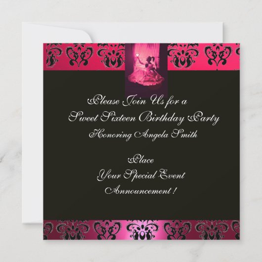 SWEET 16 BIRTHDAY PARTY, PINK FUCHSIA BLACK DAMASK KAART (Achterkant)