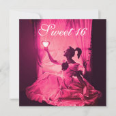 SWEET 16 BIRTHDAY PARTY, PINK FUCHSIA BLACK DAMASK KAART (Voorkant)