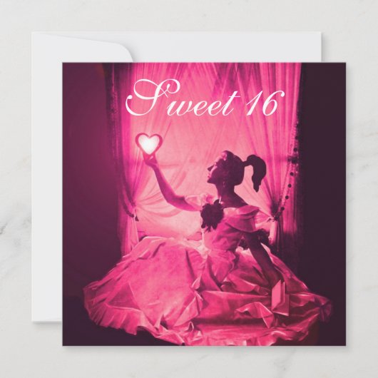 SWEET 16 BIRTHDAY PARTY, PINK FUCHSIA BLACK DAMASK KAART (Voorkant)