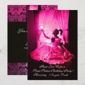 SWEET 16 BIRTHDAY PARTY, PINK FUCHSIA BLACK DAMASK KAART (Voorkant / Achterkant)