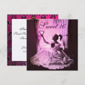 SWEET 16 BIRTHDAY PARTY, PINK FUCHSIA BLACK DAMASK KAART (Voorkant / Achterkant)