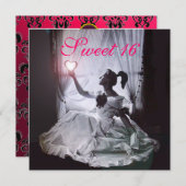 SWEET 16 BIRTHDAY PARTY, PINK FUCHSIA BLACK DAMASK KAART (Voorkant / Achterkant)