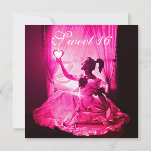 SWEET 16 BIRTHDAY PARTY, PINK FUCHSIA BLACK DAMASK KAART (Voorkant)