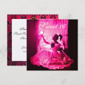 SWEET 16 BIRTHDAY PARTY, PINK FUCHSIA BLACK DAMASK KAART (Voorkant / Achterkant)