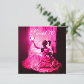 SWEET 16 BIRTHDAY PARTY, PINK FUCHSIA BLACK DAMASK KAART (Staand voorkant)