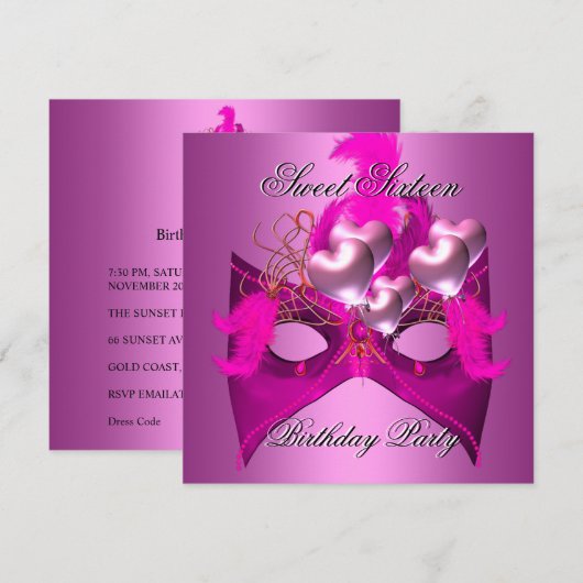 Sweet 16 Birthday Party Pink Mask Balloons Kaart (Voorkant / Achterkant)