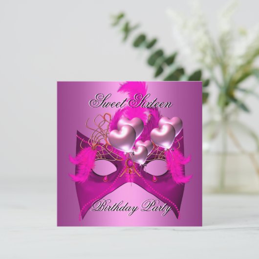 Sweet 16 Birthday Party Pink Mask Balloons Kaart (Staand voorkant)