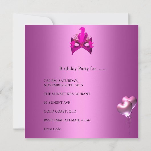 Sweet 16 Birthday Party Pink Mask Balloons Kaart (Achterkant)