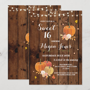 Sweet 16 Birthday Party Pumpkin Rustic Wood Invite Kaart