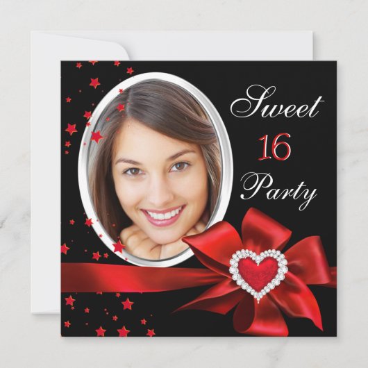 Sweet 16 Birthday Party Red Heart Photo Silver Kaart (Voorkant)