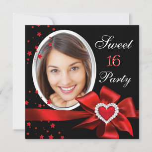 Sweet 16 Birthday Party Red Heart Photo Silver Kaart