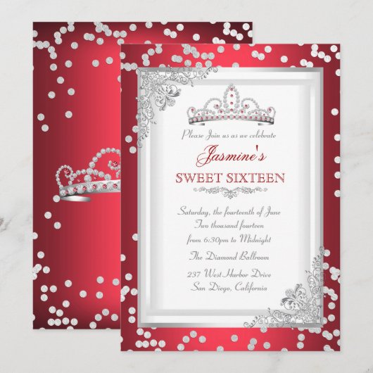 Sweet 16 Birthday Party Red Silver White Tiara Kaart (Voorkant / Achterkant)