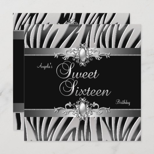 Sweet 16 Birthday Party Silver Black Zebra Jewel 2 Kaart (Voorkant / Achterkant)