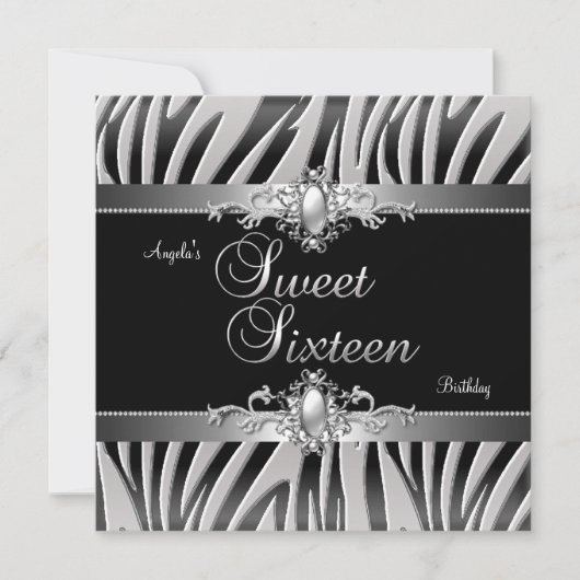 Sweet 16 Birthday Party Silver Black Zebra Jewel 2 Kaart (Voorkant)