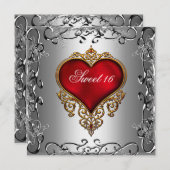 Sweet 16 Birthday Party Silver red hear Kaart (Voorkant / Achterkant)