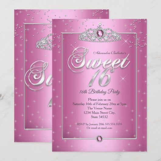 Sweet 16 Birthday Party Snoep Pink Diamond Tiara Kaart (Voorkant / Achterkant)
