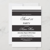 Sweet 16 Birthday Party Stripe Black White Invite Kaart (Voorkant)