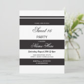 Sweet 16 Birthday Party Stripe Black White Invite Kaart (Staand voorkant)