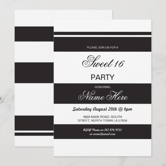 Sweet 16 Birthday Party Stripe Black White Invite Kaart (Voorkant / Achterkant)