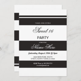 Sweet 16 Birthday Party Stripe Black White Invite Kaart