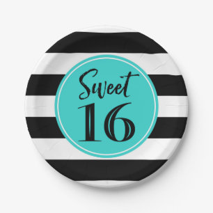 Sweet 16 Birthday Party Turquoise White Stripes Papieren Bordje