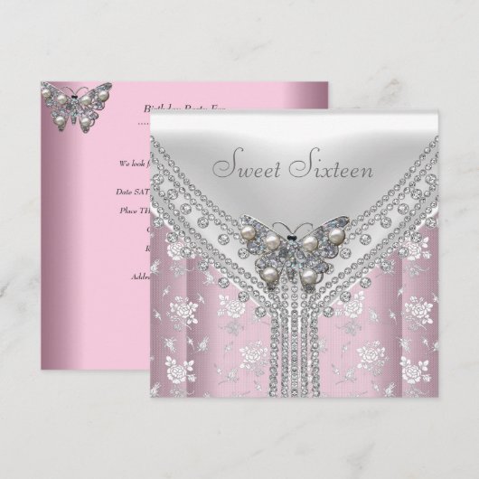 Sweet 16 Birthday Party White Butterfly Floral Kaart (Voorkant / Achterkant)