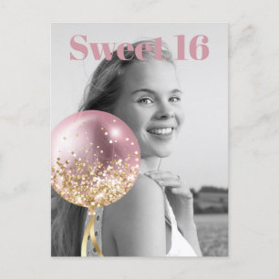 *~* Sweet 16 Birthday Photo Roos Balloon AP29 Uitnodiging Briefkaart