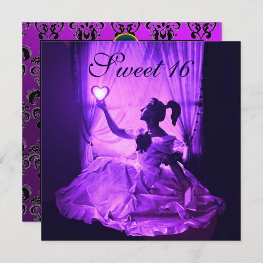 SWEET 16 BIRTHDAY PINK BLUE BLACK DAMASK KAART (Voorkant / Achterkant)