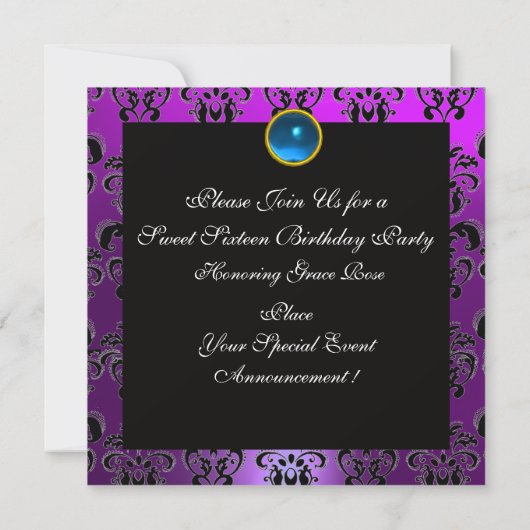 SWEET 16 BIRTHDAY PINK BLUE BLACK DAMASK KAART (Achterkant)