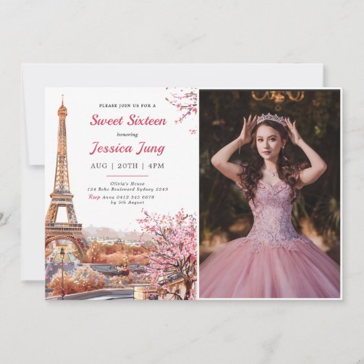 Sweet 16 Birthday Pink Floral Paris Eiffel Foto Kaart (Voorkant)