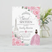 Sweet 16 Birthday Pink Floral Paris Eiffel Silver Kaart (Staand voorkant)