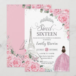 Sweet 16 Birthday Pink Floral Paris Eiffel Silver Kaart