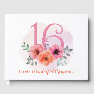 Sweet 16 Birthday Pink Floral Waterverf Glitter Gastenboek