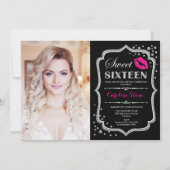 Sweet 16 Birthday Pink Kiss Silver Black Photo Kaart (Voorkant)