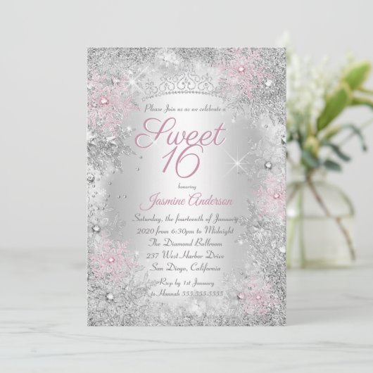 Sweet 16 Birthday Pink Silver Winter Wonderland Kaart (Staand voorkant)
