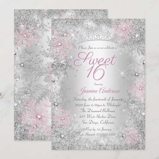 Sweet 16 Birthday Pink Silver Winter Wonderland Kaart (Voorkant / Achterkant)