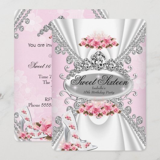 Sweet 16 Birthday Princess Pink Tiara Roos Heels 2 Kaart (Voorkant / Achterkant)