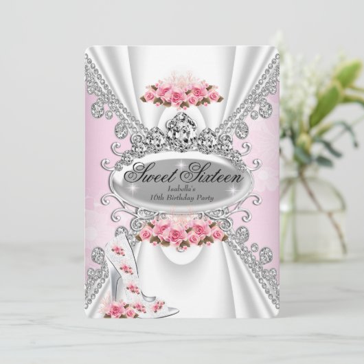 Sweet 16 Birthday Princess Pink Tiara Roos Heels 2 Kaart (Staand voorkant)