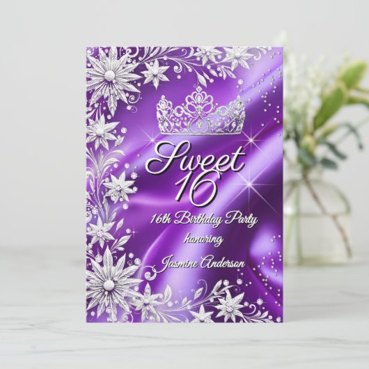 Sweet 16 Birthday Purple Silver Winter Wonderland Kaart (Staand voorkant)