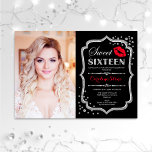Sweet 16 Birthday Red Kiss Silver Black foto Kaart<br><div class="desc">Red Kiss Silver Black Foto Sweet 16 zaterdag. Zestien verjaardagsfeestdagen met je afbeelding. Kenmerkt manuscriptdoopvont,  lippen kus en confetti. Classy black red design met faux glitter Silver. Ideaal voor een elegante 16e bday viering.</div>