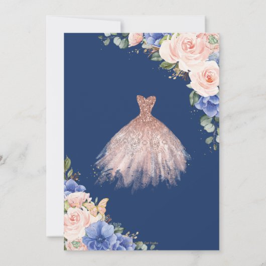 Sweet 16 Birthday Royal Blue Blush Floral Dress  Kaart (Achterkant)